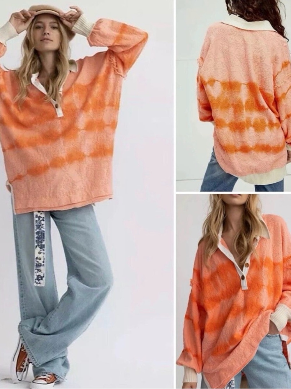 Free People Sunrise Tie-Dye Oversized Polo Sweater